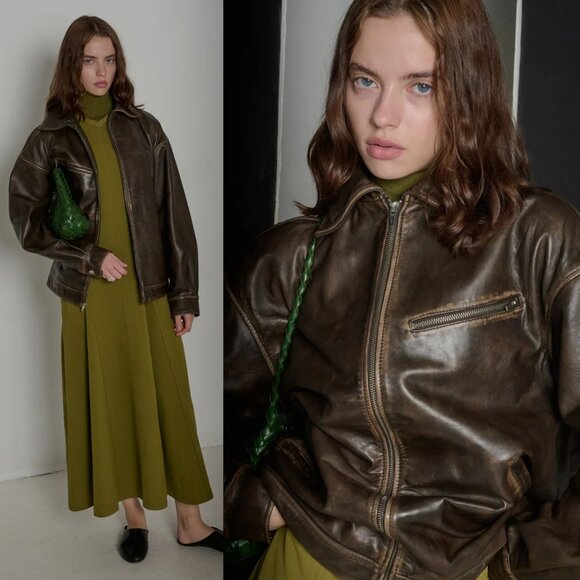 Reformation‎ Veda Marco Pitstop Brown Leather Oversized Bomber Jacket Size XL - Picture 3 of 16